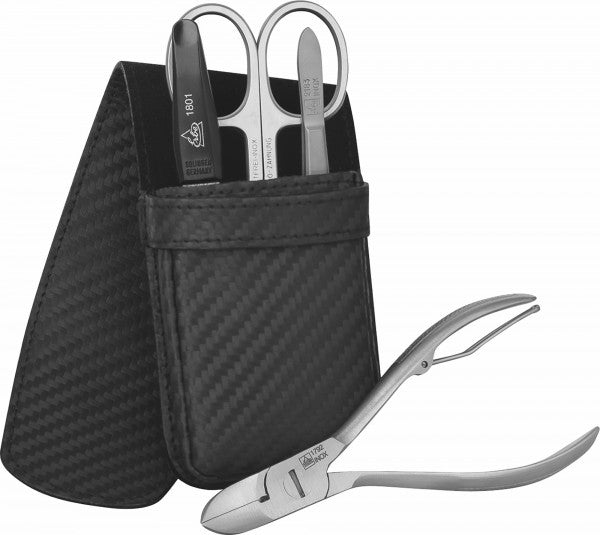 Erbe Solingen Manikür-Etui Carbon aus echtem Leder 4-teilig